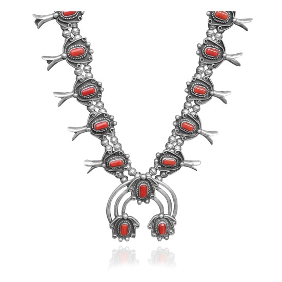 Squash Blossom .925 Sterling Silver Certified Authentic Navajo Native American Coral Necklace 35103 All Products NB848909285530 35103 (by LomaSiiva)