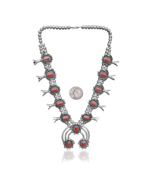 Squash Blossom .925 Sterling Silver Certified Authentic Navajo Native American Coral Necklace 35103 Squash Blossom .925 Sterling Silver Certified Authentic Navajo Native American Coral Necklace 35103