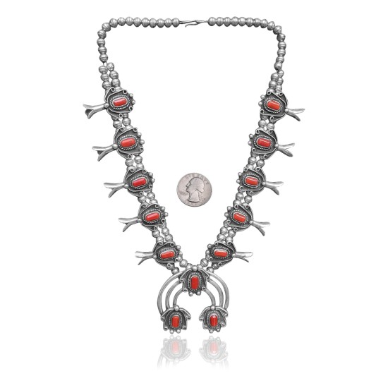 Squash Blossom .925 Sterling Silver Certified Authentic Navajo Native American Coral Necklace 35103 All Products NB848909285530 35103 (by LomaSiiva)