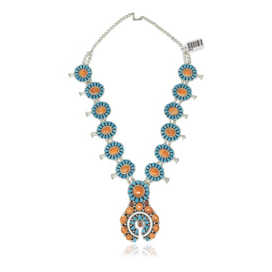 Squash Blossom .925 Sterling Silver Certified Authentic Navajo Native American Natural Turquoise Coral Necklace 35109 All Products NB848909285536 35109 (by LomaSiiva)
