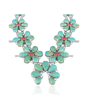 Squash Blossom .925 Sterling Silver Certified Authentic Navajo Native American Natural Turquoise Coral Necklace 35110