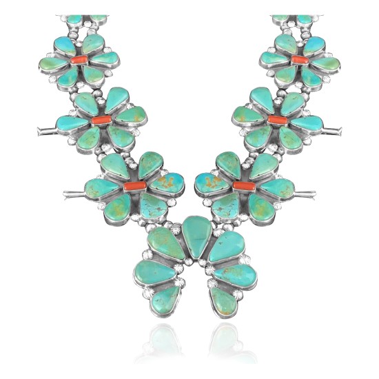 Squash Blossom .925 Sterling Silver Certified Authentic Navajo Native American Natural Turquoise Coral Necklace 35110 All Products NB848909285537 35110 (by LomaSiiva)