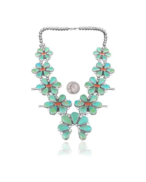 Squash Blossom .925 Sterling Silver Certified Authentic Navajo Native American Natural Turquoise Coral Necklace 35110