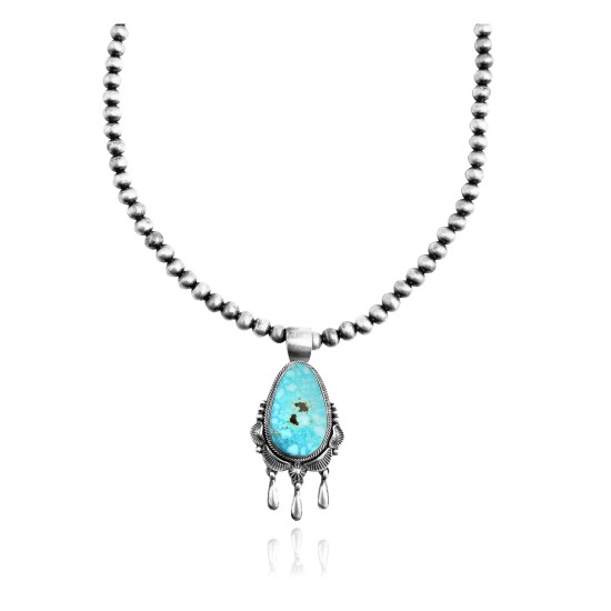 Wave .925 Sterling Silver Certified Authentic Navajo Native American Natural Turquoise Necklace 35112