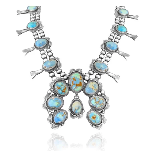 Squash Blossom .925 Sterling Silver Certified Authentic Navajo Native American Natural Turquoise Necklace 35114