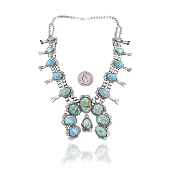Squash Blossom .925 Sterling Silver Certified Authentic Navajo Native American Natural Turquoise Necklace 35114