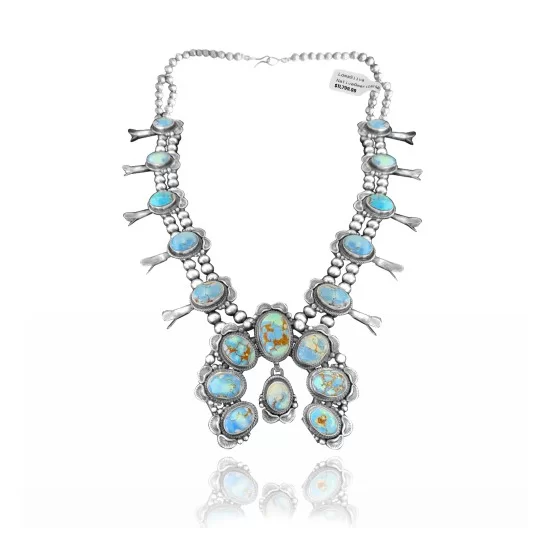 Squash Blossom .925 Sterling Silver Certified Authentic Navajo Native American Natural Turquoise Necklace 35114