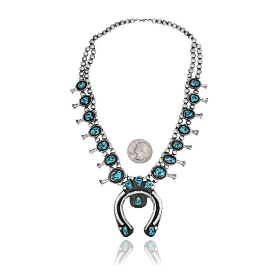 Squash Blossom .925 Sterling Silver Certified Authentic Navajo Native American Natural Turquoise Necklace 35119