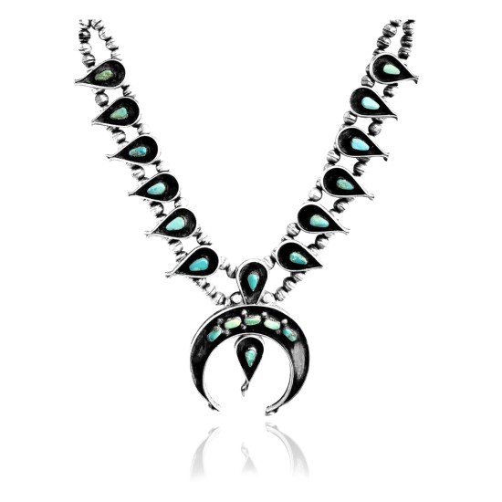 Squash Blossom .925 Sterling Silver Certified Authentic Navajo Native American Natural Turquoise Necklace 35120