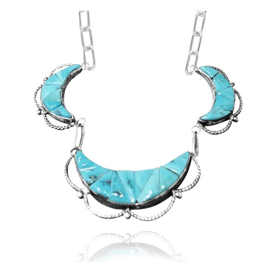 Flower .925 Sterling Silver Certified Authentic Navajo Native American Natural Turquoise Necklace 35121