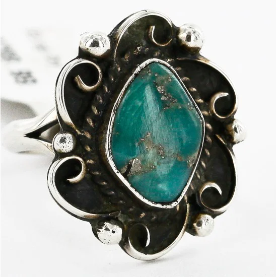 .925 Sterling Silver Flower Handmade Certified Authentic Navajo Natural Turquoise Native American Ring  16789