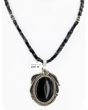 .925 Sterling Silver Handmade Certified Authentic Navajo Inlaid Natural Turquoise Snowflake Black Onyx Native American Necklace 24409-1-1588