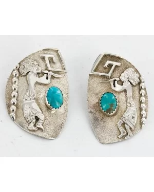 .925 Sterling Silver Handmade KOKOPELI Certified Authentic Navajo Natural Turquoise Stud Native American Earrings 27177-1 .925 Sterling Silver Handmade KOKOPELI Certified Authentic Navajo Natural Turquoise Stud Native American Earrings 27177-1