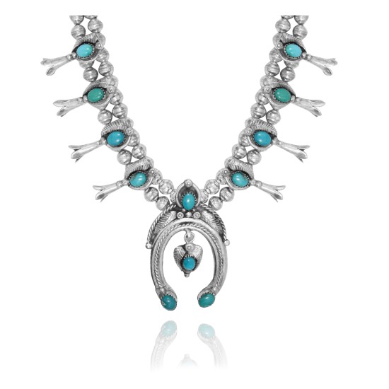 Squash Blossom .925 Sterling Silver Certified Authentic Navajo Native American Natural Turquoise Necklace 35125