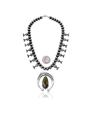 Squash Blossom .925 Sterling Silver Certified Authentic Handmade Navajo Native American Natural Turquoise Necklace 35128