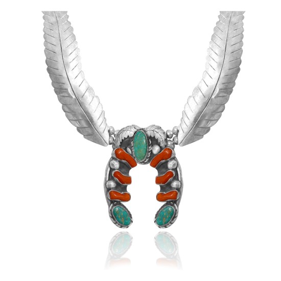 Squash Blossom .925 Sterling Silver Certified Authentic Handmade Navajo Native American Natural Turquoise Coral Necklace 35130