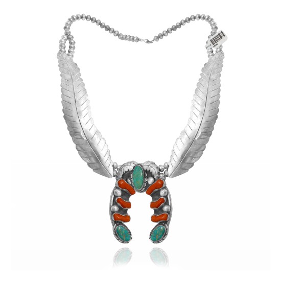 Squash Blossom .925 Sterling Silver Certified Authentic Handmade Navajo Native American Natural Turquoise Coral Necklace 35130