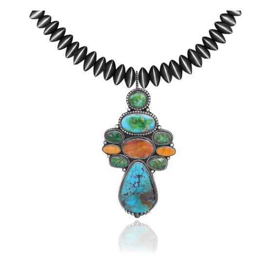 .925 Sterling Silver Certified Authentic Handmade Navajo Native American Natural Turquoise Spiny Oyster Necklace and Pendant 35134
