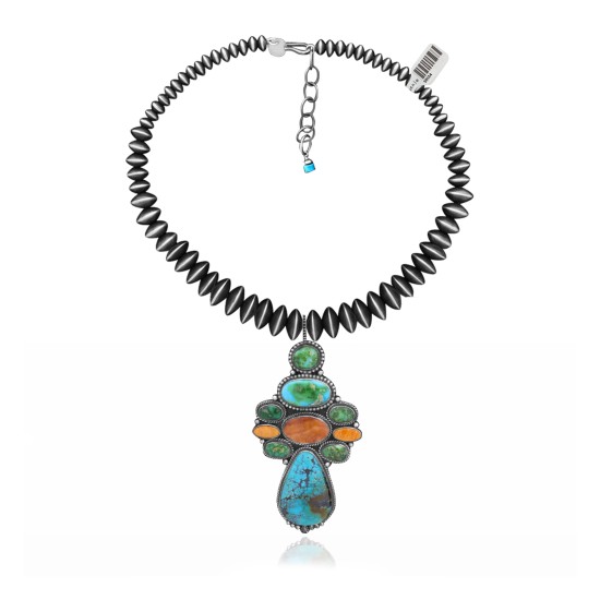 .925 Sterling Silver Certified Authentic Handmade Navajo Native American Natural Turquoise Spiny Oyster Necklace and Pendant 35134 All Products NB848909285561 35134 (by LomaSiiva)