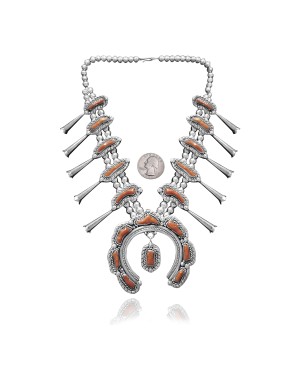 .925 Sterling Silver Certified Authentic Navajo Native American Coral Necklace 35142 .925 Sterling Silver Certified Authentic Navajo Native American Coral Necklace 35142