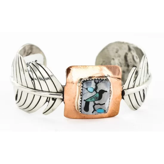 Feather Bird Certified Authentic Navajo Nickel Copper Inlaid Natural Turquoise Black Onyx Mother of Pearl Native American Bracelet 12837-3 Feather Bird Certified Authentic Navajo Nickel Copper Inlaid Natural Turquoise Black Onyx Mother of Pearl Native American Bracelet 12837-3