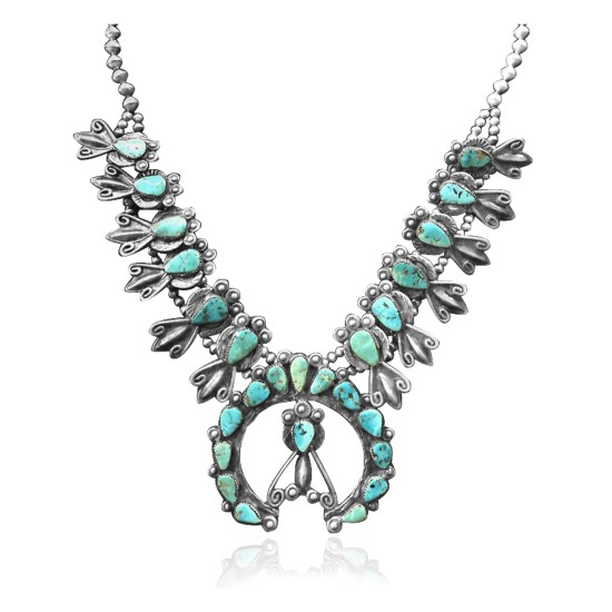 Squash Blossom .925 Sterling Silver Certified Authentic Handmade Navajo Native American Natural Turquoise Necklace 35104 Necklaces & Pendants NB848909285531 35104 (by LomaSiiva)