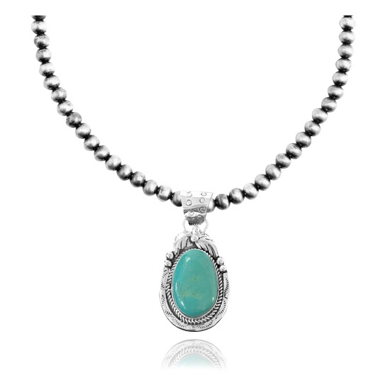 Leaf .925 Sterling Silver Certified Authentic Navajo Native American Natural Turquoise Necklace & Pendant 35174