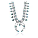 Squash Blossom .925 Sterling Silver Certified Authentic Navajo Native American Natural Turquoise Necklace 35176