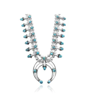 Squash Blossom .925 Sterling Silver Certified Authentic Navajo Native American Natural Turquoise Necklace 35176