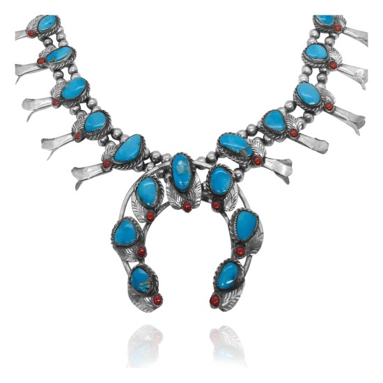 Squash Blossom .925 Sterling Silver Certified Authentic Navajo Native American Natural Turquoise Necklace 35177