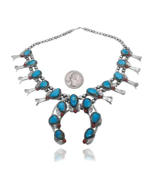 Squash Blossom .925 Sterling Silver Certified Authentic Navajo Native American Natural Turquoise Necklace 35177 Squash Blossom .925 Sterling Silver Certified Authentic Navajo Native American Natural Turquoise Necklace 35177