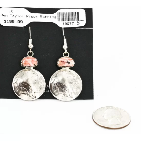 Rare $200 Vintage Style OLD INDIAN HEAD Certified Authentic Navajo .925 Sterling Silver Natural Spiny Oyster Hooks Native American Earrings 18077-5