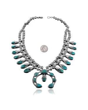 Squash Blossom .925 Sterling Silver Certified Authentic Navajo Native American Natural Turquoise Necklace 35186 Squash Blossom .925 Sterling Silver Certified Authentic Navajo Native American Natural Turquoise Necklace 35186