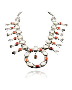 Squash Blossom .925 Sterling Silver Certified Authentic Navajo Native American Coral Necklace 35187