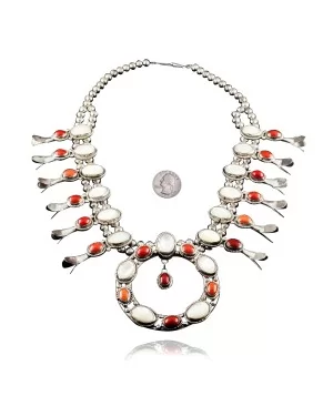 Squash Blossom .925 Sterling Silver Certified Authentic Navajo Native American Coral Necklace 35187 Squash Blossom .925 Sterling Silver Certified Authentic Navajo Native American Coral Necklace 35187