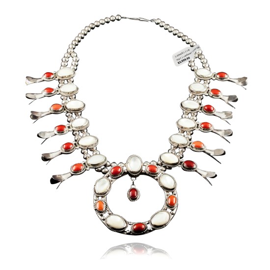 Squash Blossom .925 Sterling Silver Certified Authentic Navajo Native American Coral Necklace 35187 Necklaces & Pendants NB848909285614 35187 (by LomaSiiva)