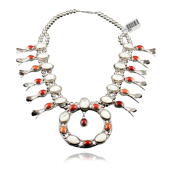 Squash Blossom .925 Sterling Silver Certified Authentic Navajo Native American Coral Necklace 35187 Necklaces & Pendants NB848909285614 35187 (by LomaSiiva)