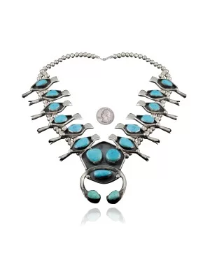 Squash Blossom .925 Sterling Silver Certified Authentic Navajo Native American Natural Turquoise Necklace 35188 Squash Blossom .925 Sterling Silver Certified Authentic Navajo Native American Natural Turquoise Necklace 35188