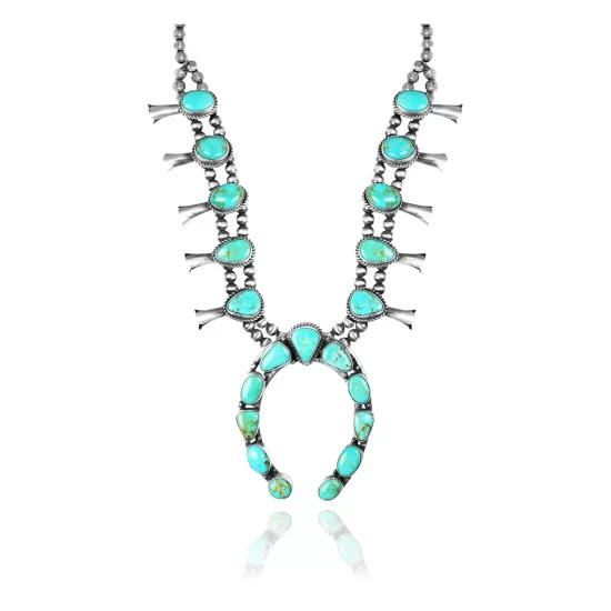 Squash Blossom .925 Sterling Silver Certified Authentic Navajo Native American Natural Turquoise Necklace 35198