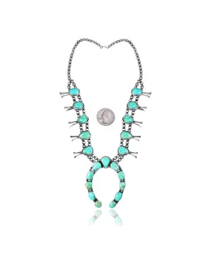 Squash Blossom .925 Sterling Silver Certified Authentic Navajo Native American Natural Turquoise Necklace 35198 Squash Blossom .925 Sterling Silver Certified Authentic Navajo Native American Natural Turquoise Necklace 35198