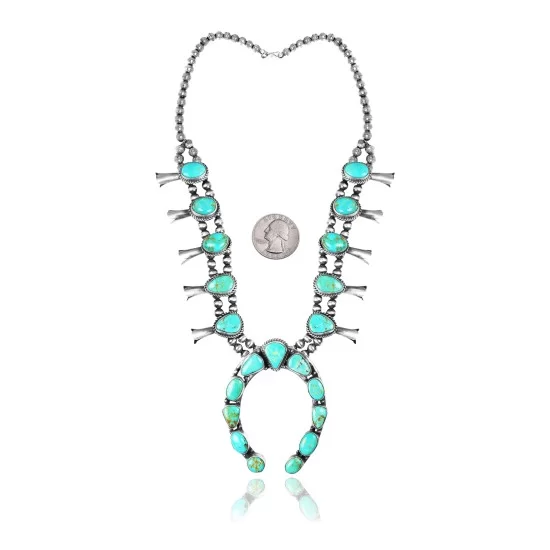Squash Blossom .925 Sterling Silver Certified Authentic Navajo Native American Natural Turquoise Necklace 35198