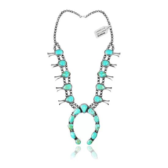 Squash Blossom .925 Sterling Silver Certified Authentic Navajo Native American Natural Turquoise Necklace 35198