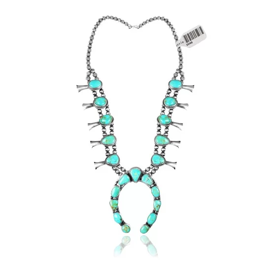 Squash Blossom .925 Sterling Silver Certified Authentic Navajo Native American Natural Turquoise Necklace 35198