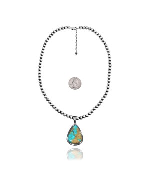 .925 Sterling Silver Certified Authentic Navajo Native American Natural Turquoise Necklace 35199