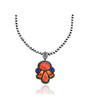 Squash Blossom .925 Sterling Silver Certified Authentic Navajo Native American Lapis Spiny Oyster Necklace 35200
