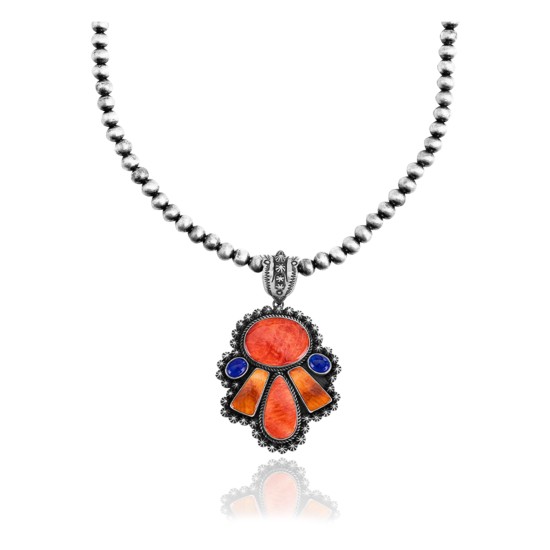Squash Blossom .925 Sterling Silver Certified Authentic Navajo Native American Lapis Spiny Oyster Necklace 35200 Necklaces & Pendants NB848909285627 35200 (by LomaSiiva)