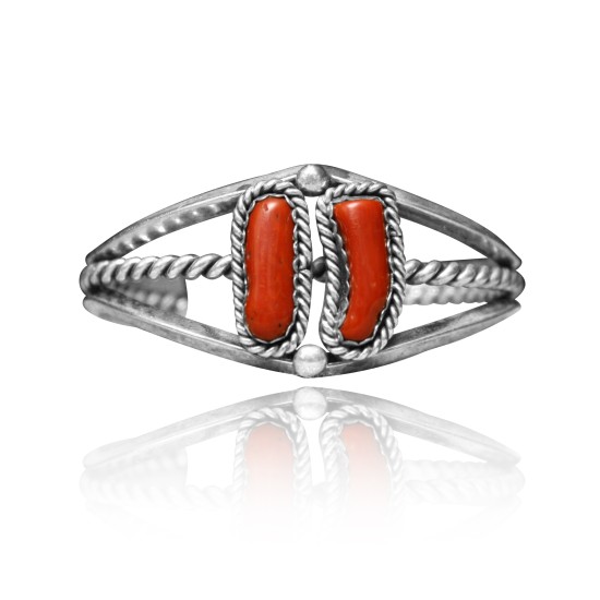Double Stone .925 Sterling Silver Certified Authentic Navajo Native American Red Coral Cuff Bracelet 32121
