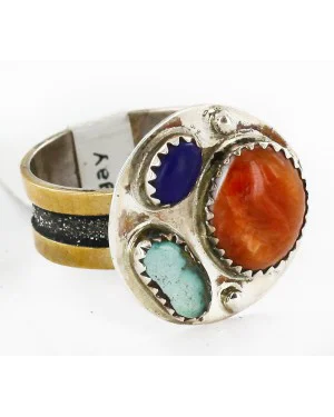 12kt Gold Filled 925 Sterling Silver Handmade Certified Authentic Navajo Natural Multicolor Stones Native American Ring 12690-3 12kt Gold Filled 925 Sterling Silver Handmade Certified Authentic Navajo Natural Multicolor Stones Native American Ring 12690-3