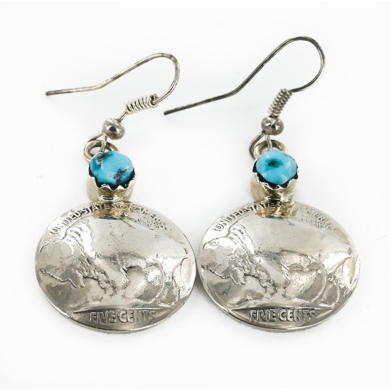 Certified Authentic Handmade Vintage Style Buffalo Nickels Navajo .925 Sterling Silver Dangle Native American Earrings Natural Turquoise 18024-0 All Products 18024 18024-0 (by LomaSiiva)