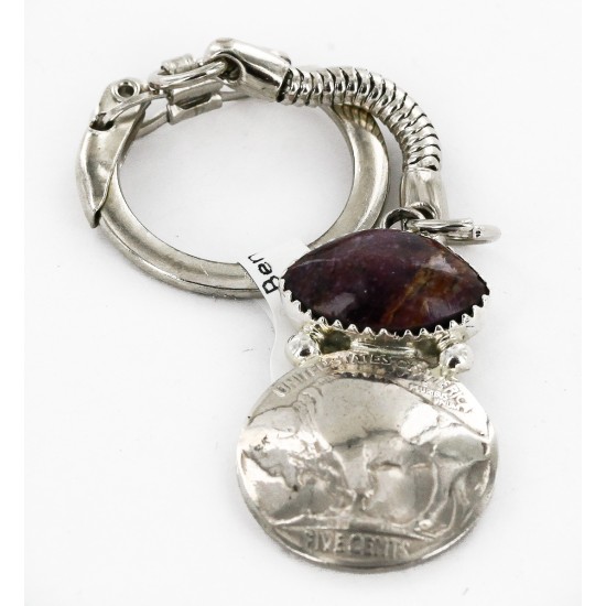 Vintage Style OLD Buffalo Coin Certified Authentic Navajo .925 Sterling Silver Natural Purple Spiny Oyster Native American Keychain 10336-5 All Products 10336-5 10336-5 (by LomaSiiva)